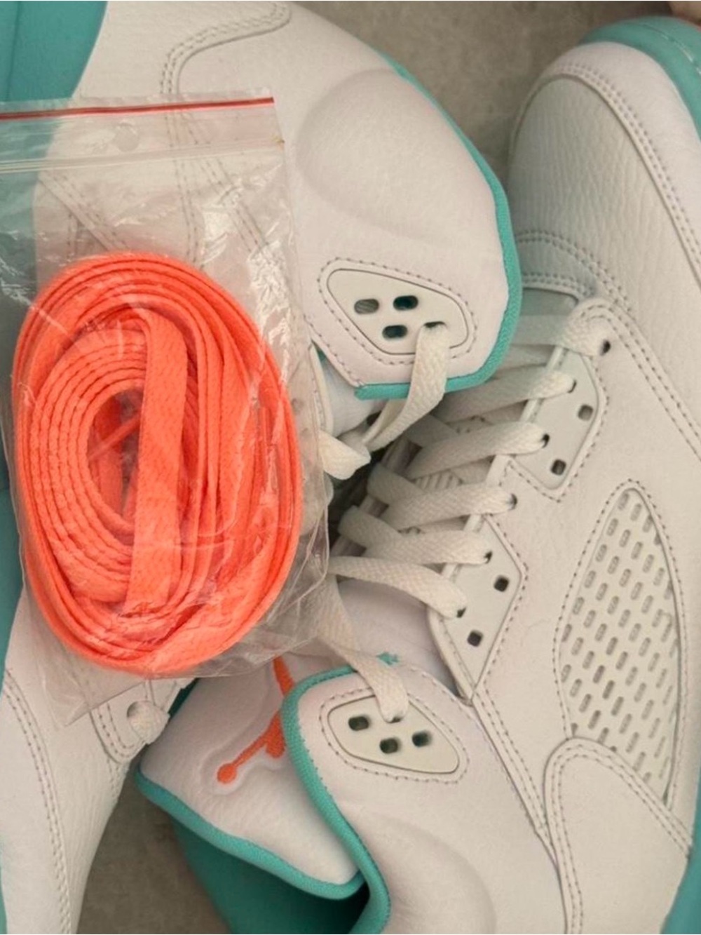 Jordan Women’s White and Teal Sneakers with Orange Laces Option